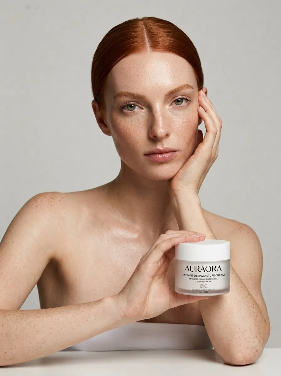 Una modelo pelirroja con la piel luminosa sostiene un frasco de crema junto a su rostro.